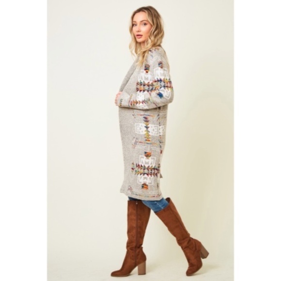 SOLD OUT Oatmeal Rainbow Multi Colored Aztec Tribal Jacquard Open Knit Cardigan - Picture 9 of 10